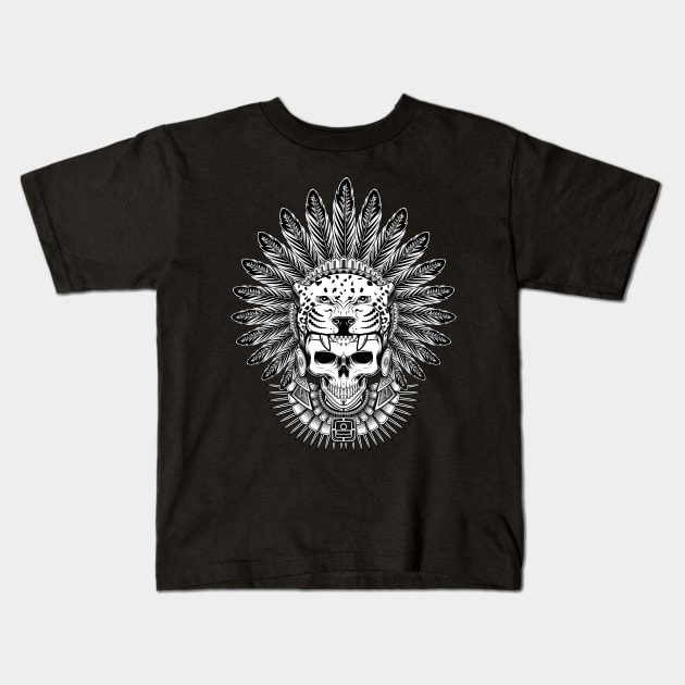 Aztec Jaguar Warrior Skull Kids T-Shirt by Sixth Cycle